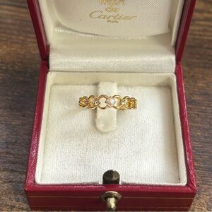 Vintage 18k GP Scalloped Band – Pearl & Crystal Accents Size 6.75